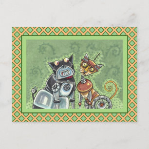 ADORABLE ROBOT BULLDOG & FELINE FRIEND Funny Blank Postcard