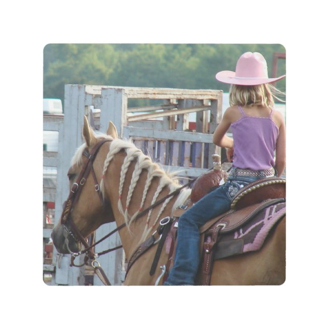 Adorable Rodeo Cowgirl, Little Girl on Palomino Metal Print (Front)