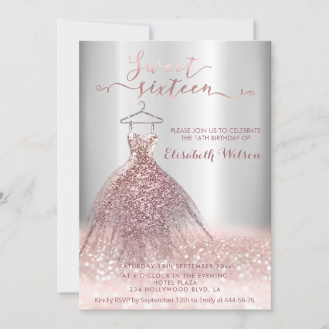 Adorable Rose gold glittery dress calligraphy Invi Invitation (Front)