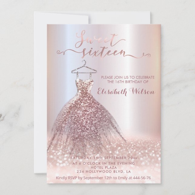Adorable Rose gold glittery dress calligraphy Invitation (Front)