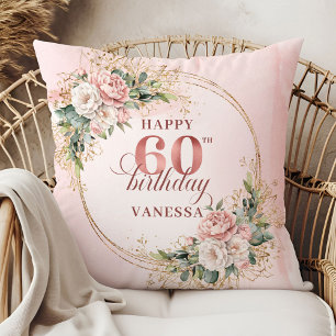 Adorable Rose Gold Shimmering Greenery 60 birthday Throw Pillow