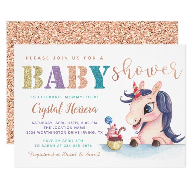 Adorable Rose Gold Unicorn Baby Shower Invitation