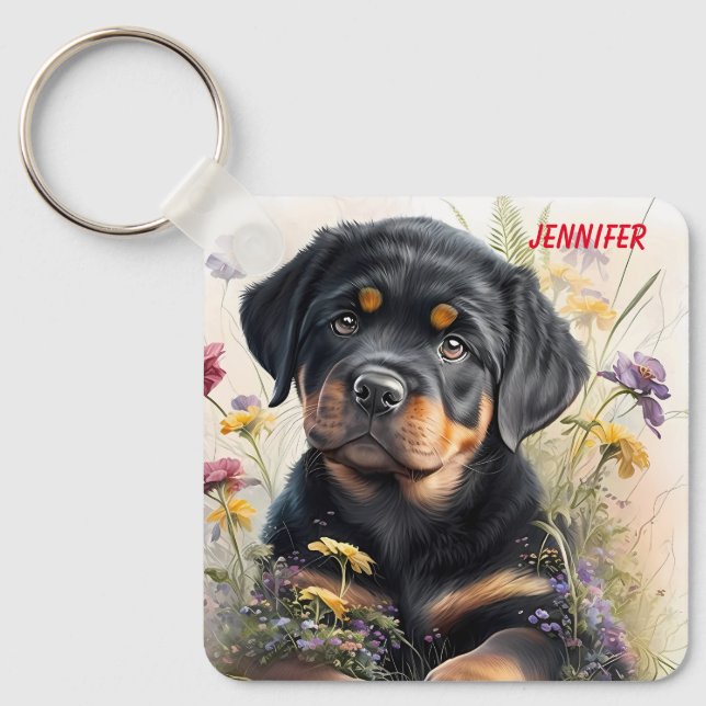 Adorable Rottweiler Puppy Dog Keychain (Front)