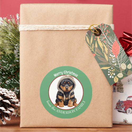 Adorable Rottweiler Puppy in Winter Hat Christmas Classic Round Sticker