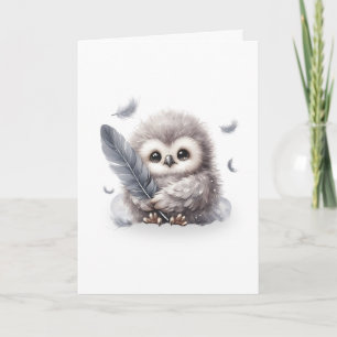 Adorable Round Owl Holding a Feather Blank Card