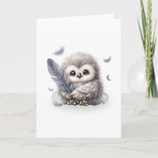 Adorable Round Owl Holding a Feather Blank Card