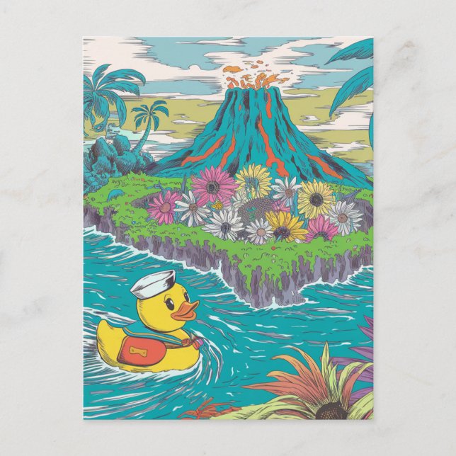 Adorable Rubber Duck in Front of a Volcano Postcard (Front)