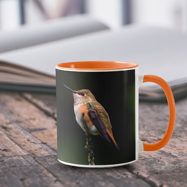 Adorable Rufous Hummingbird on Branch Mug (Cute Rufous Hummingbird on Hybrid Fruit Tree Branch 11 oz Coffee Mug Cover Photo.)