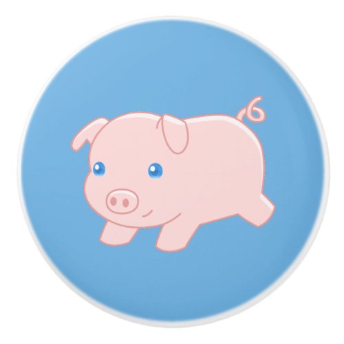 Adorable Running Piglet Pig on Blue Ceramic Knob