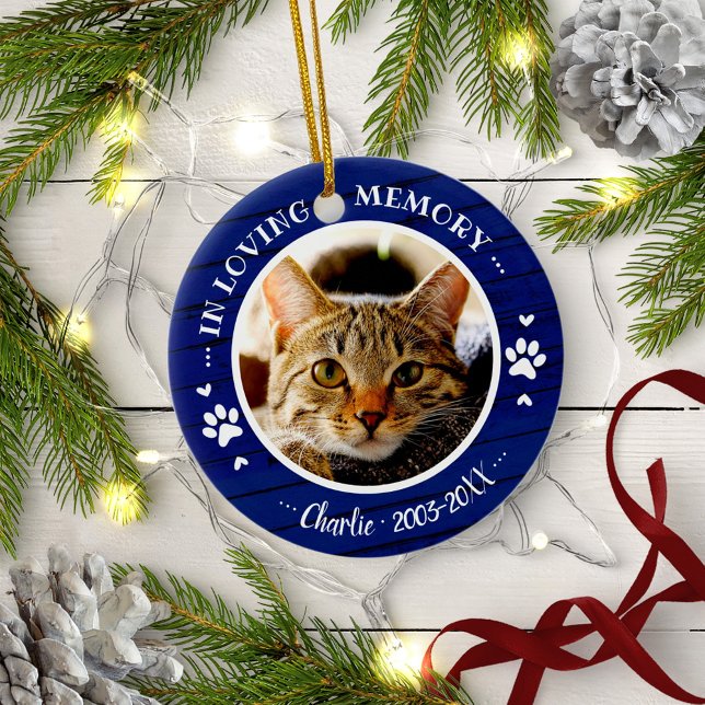 Adorable Rustic Cat Pet Memorial Custom Photo Blue Ceramic Ornament (Creator Uploaded)
