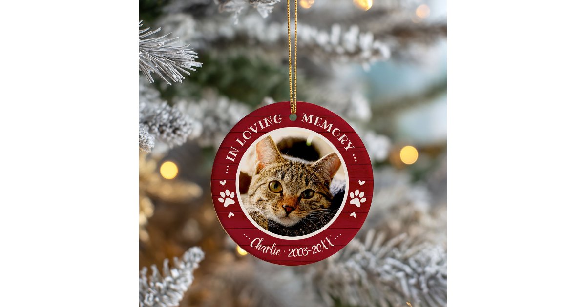 Adorable Rustic Cat Pet Memorial Custom Photo Ceramic Ornament | Zazzle