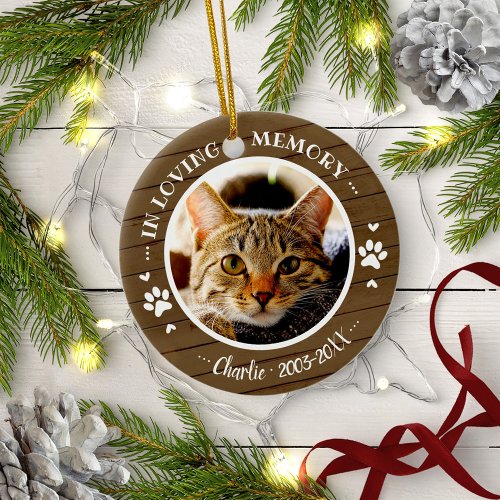 Adorable Rustic Cat Pet Memorial Custom Photo Ceramic Ornament