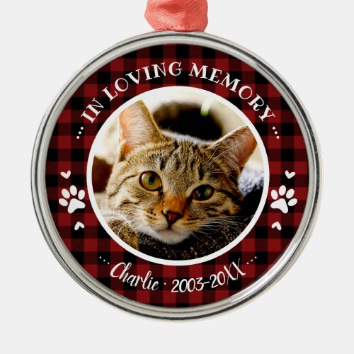 Adorable Rustic Cat Pet Memorial Custom Photo Metal Ornament
