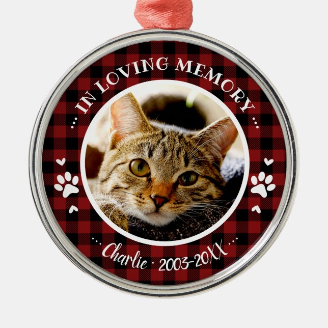 Adorable Rustic Cat Pet Memorial Custom Photo Metal Ornament (Front)
