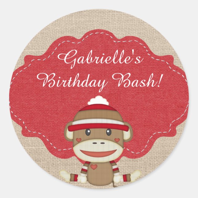 Adorable Rustic Custom Sock Monkey Party Classic Round Sticker (Front)