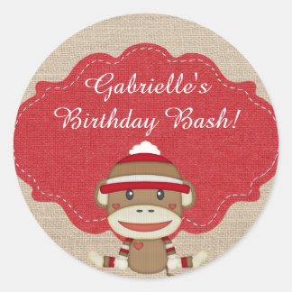 Adorable Rustic Custom Sock Monkey Party Classic Round Sticker