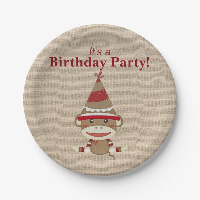 Adorable Rustic Custom Sock Monkey Party Paper Plates (Front)
