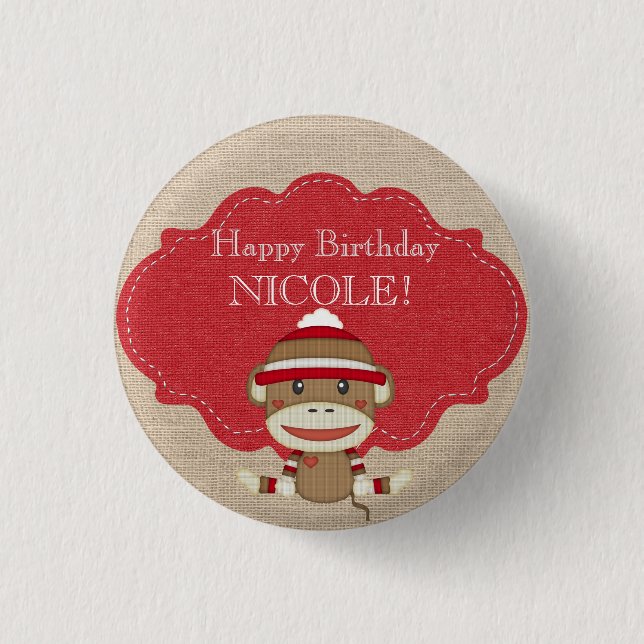 Adorable Rustic Custom Sock Monkey Party Pinback Button (Front)