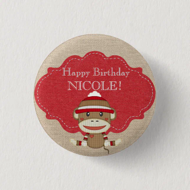Monkey Pinback Buttons Adorable Rustic Custom Sock Monkey Party Pinback Button | Zazzle
