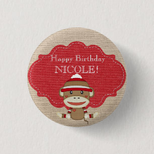 Adorable Rustic Custom Sock Monkey Party Pinback Button