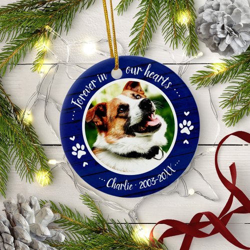 Adorable Rustic Dog Pet Memorial Custom Photo Blue Ceramic Ornament