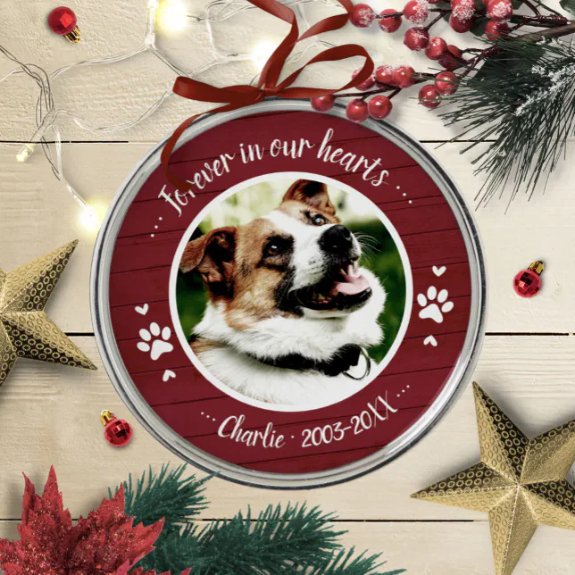 Adorable Rustic Dog Pet Memorial Custom Photo Metal Ornament | Zazzle