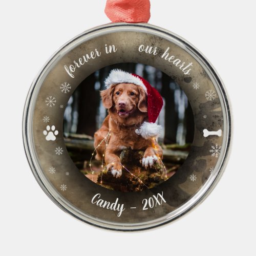 Adorable Rustic Pet Memorial Custom Photo Bokeh Metal Ornament