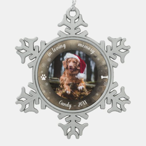 Adorable Rustic Pet Memorial Custom Photo Bokeh  Snowflake Pewter Christmas Ornament