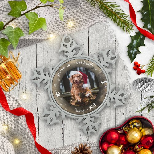 Adorable Rustic Pet Memorial Custom Photo Bokeh  Snowflake Pewter Christmas Ornament