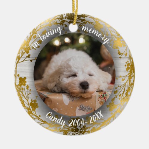 Adorable Rustic Pet Memorial Custom Photo Gold Ceramic Ornament