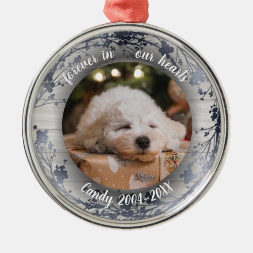 Adorable Rustic Pet Memorial Custom Photo Silver Metal Ornament