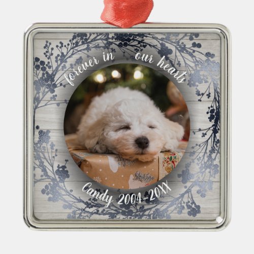 Adorable Rustic Pet Memorial Custom Photo Silver Metal Ornament