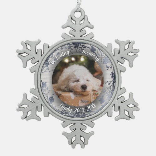 Adorable Rustic Pet Memorial Custom Photo Silver Snowflake Pewter Christmas Ornament