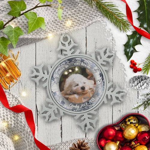 Adorable Rustic Pet Memorial Custom Photo silver  Snowflake Pewter Christmas Ornament