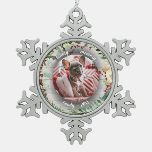 Adorable Rustic Pet Memorial Custom Photo Snowflake Pewter Christmas Ornament
