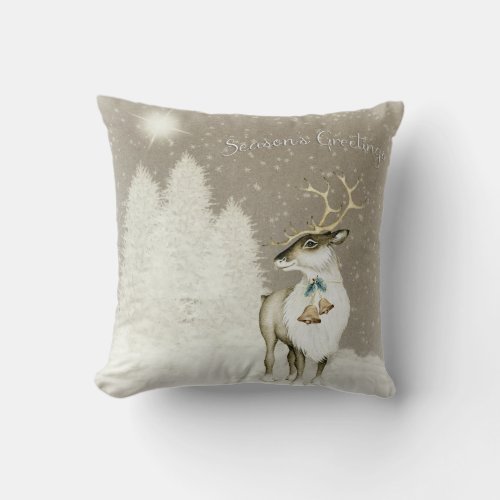 Adorable Rustic Reindeer in Winter Throw Pillow