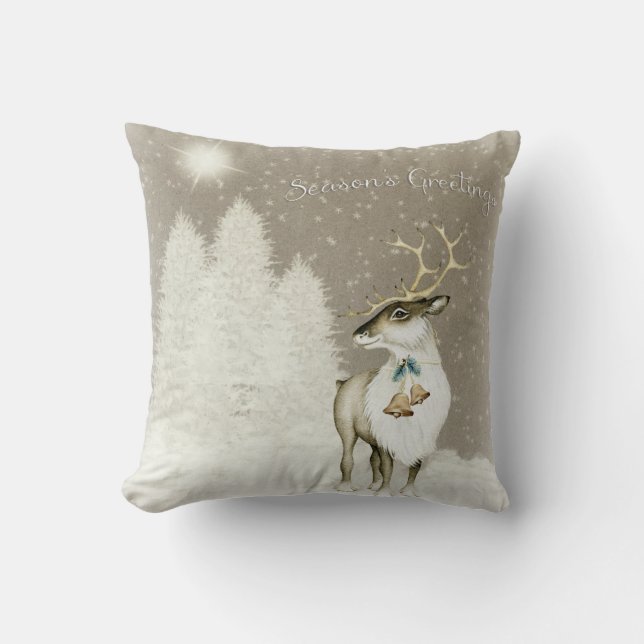 Adorable Rustic Reindeer in Winter Throw Pillow (Front)
