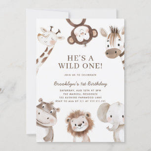 Adorable Safari Animal Themed 1st Birthday Invitation
