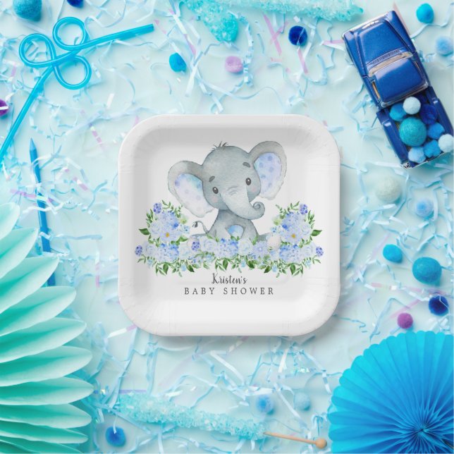 Adorable Safari Elephant Boys Baby Shower Paper Plates (Party)