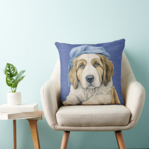ADORABLE SAINT BERNARD PUPPY WITH BLUE HAT THROW PILLOW