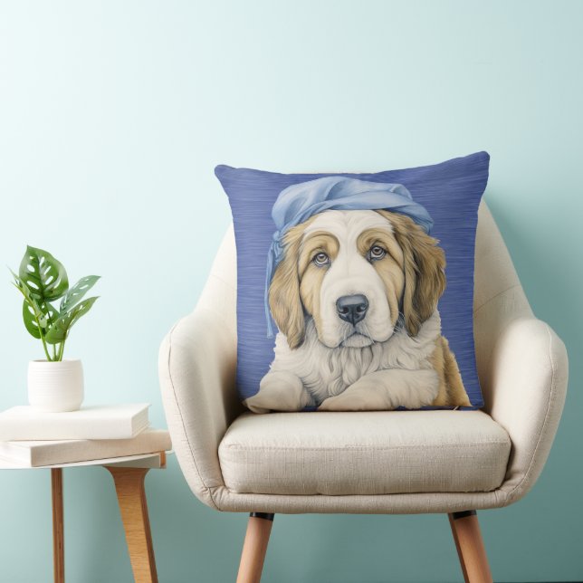 ADORABLE SAINT BERNARD PUPPY WITH BLUE HAT THROW PILLOW (Chair)