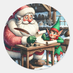 Adorable Santa and Elf Christmas Classic Round Sticker