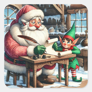 Adorable Santa and Elf Christmas Square Sticker