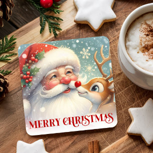 Adorable Santa and Rudolph Christmas Paper Coaster