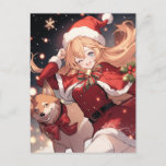 Adorable Santa Anime Girl and Christmas Shiba Dog Holiday Postcard