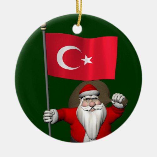 Adorable Santa Claus With Flag Of Turkey Ceramic Ornament