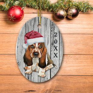 Adorable Santa Hat Basset Hound Puppy Ceramic Orna Ceramic Ornament
