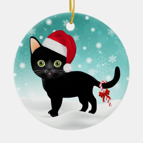 Adorable Santa Hat Black Kitty in Snow Ornament