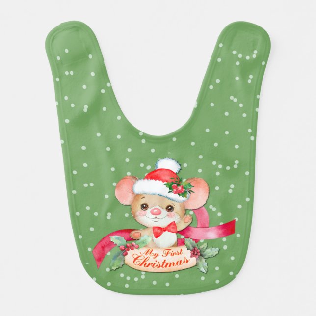 Adorable Santa Hat Mouse First Christmas Baby Bib (Front)