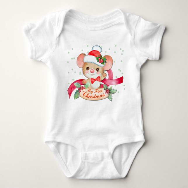 Adorable Santa Hat Mouse First Christmas Baby Bodysuit (Front)